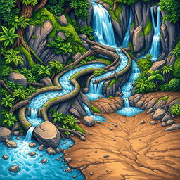A vibrant graphic illustration featuring a beautiful waterfall in the background, with water cascading down from a high cliff, winding through an intricate and highly twisted path filled with dramatic curves