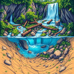 A vibrant graphic illustration featuring a beautiful waterfall in the background, with water cascading down from a high cliff, winding through an intricate and highly twisted path filled with dramatic curves