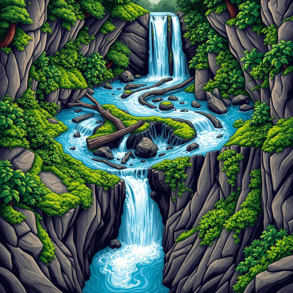 A vibrant graphic illustration featuring a beautiful waterfall in the background, with water cascading down from a high cliff, winding through an intricate and highly twisted path filled with dramatic curves