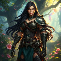 A beautifully rendered image of a character inspired by a fantasy video game, featuring a strong and confident female warrior named Ines