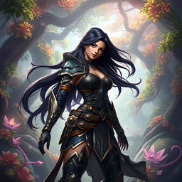 A beautifully rendered image of a character inspired by a fantasy video game, featuring a strong and confident female warrior named Ines