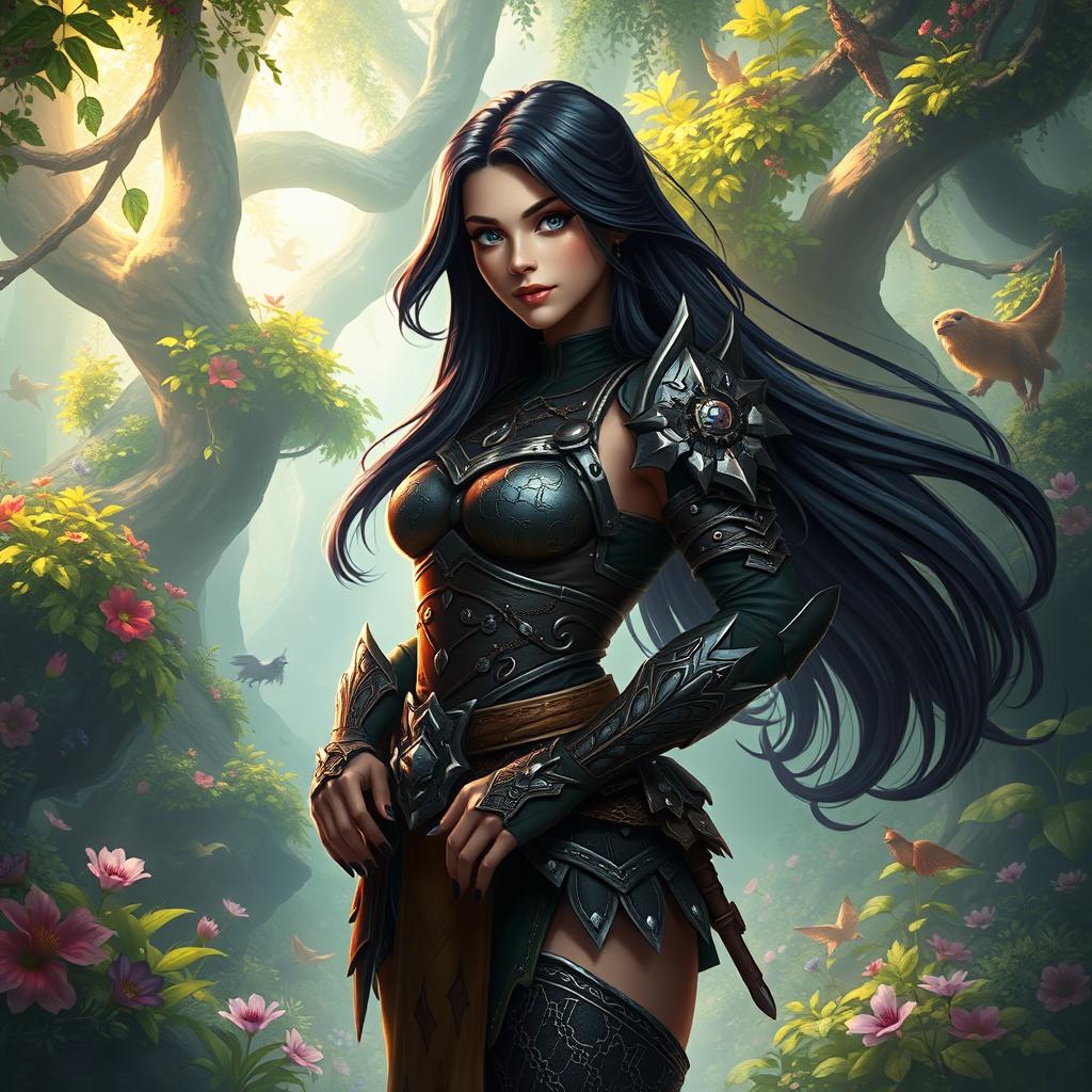 A beautifully rendered image of a character inspired by a fantasy video game, featuring a strong and confident female warrior named Ines