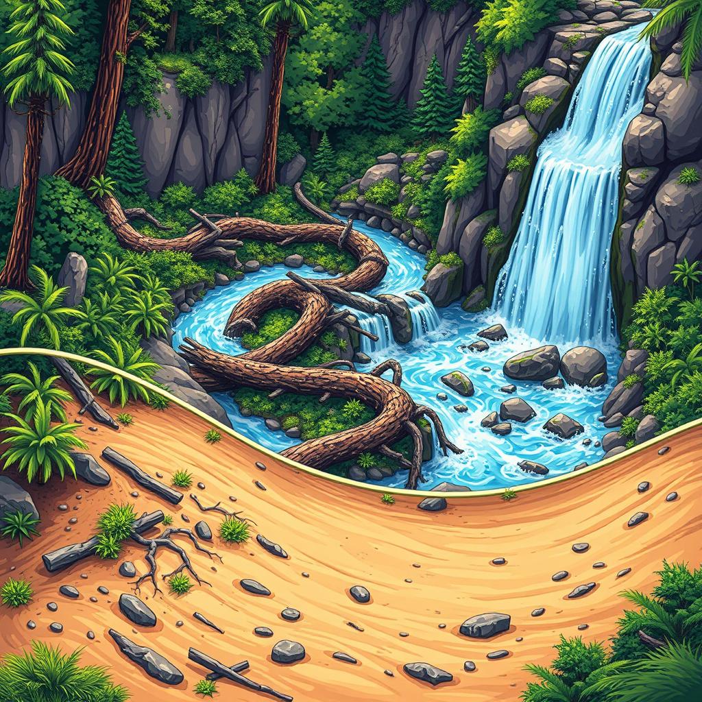 A vibrant graphic illustration featuring a majestic waterfall in the background, with water flowing down from a high cliff, winding through an intricately twisted and serpentine path