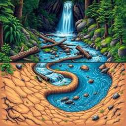 A vibrant graphic illustration featuring a majestic waterfall in the background, with water flowing down from a high cliff, winding through an intricately twisted and serpentine path
