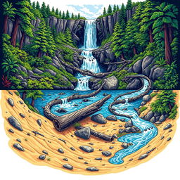 A vibrant graphic illustration featuring a majestic waterfall in the background, with water flowing down from a high cliff, winding through an intricately twisted and serpentine path