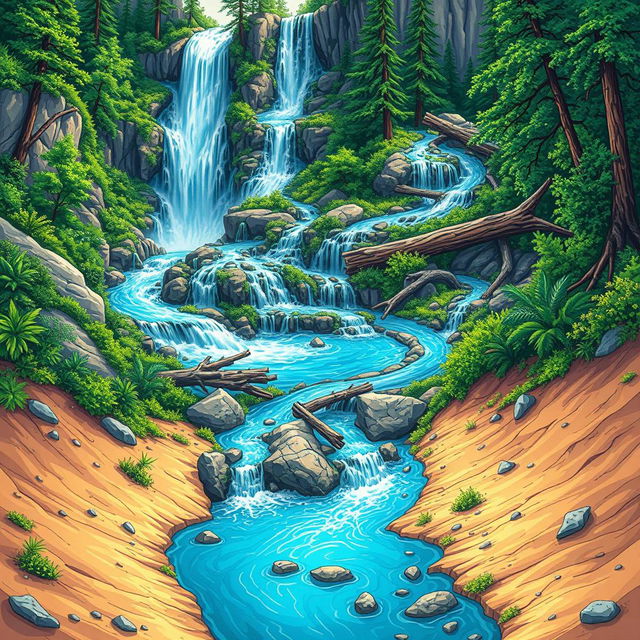A vibrant graphic illustration featuring a majestic waterfall in the background, with water flowing down from a high cliff, winding through an intricately twisted and serpentine path