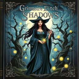 An enchanting spellbook cover featuring a mystical witch