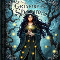 An enchanting spellbook cover featuring a mystical witch