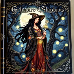 An enchanting spellbook cover featuring a mystical witch
