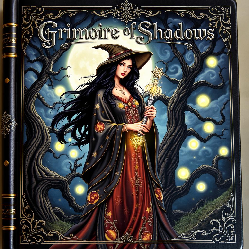 An enchanting spellbook cover featuring a mystical witch