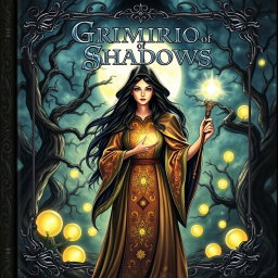 An enchanting spellbook cover featuring a mystical witch
