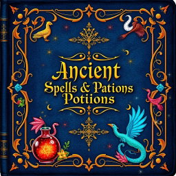 A beautifully illustrated spellbook cover featuring an intricate design of magical symbols and runes