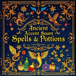 A beautifully illustrated spellbook cover featuring an intricate design of magical symbols and runes