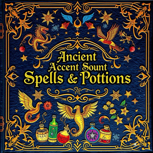 A beautifully illustrated spellbook cover featuring an intricate design of magical symbols and runes