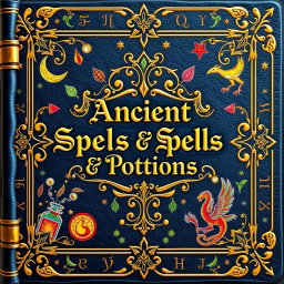 A beautifully illustrated spellbook cover featuring an intricate design of magical symbols and runes