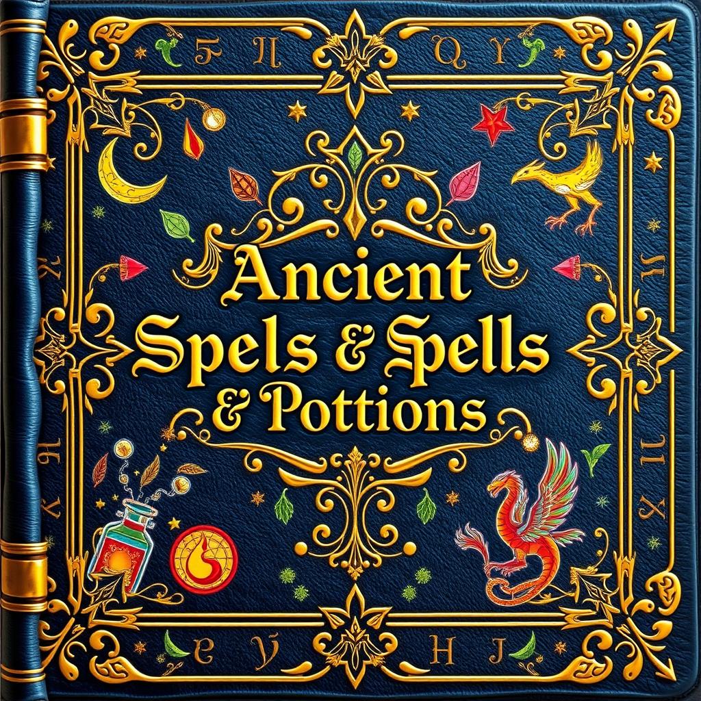 A beautifully illustrated spellbook cover featuring an intricate design of magical symbols and runes