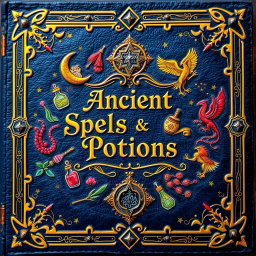 A beautifully illustrated spellbook cover featuring an intricate design of magical symbols and runes