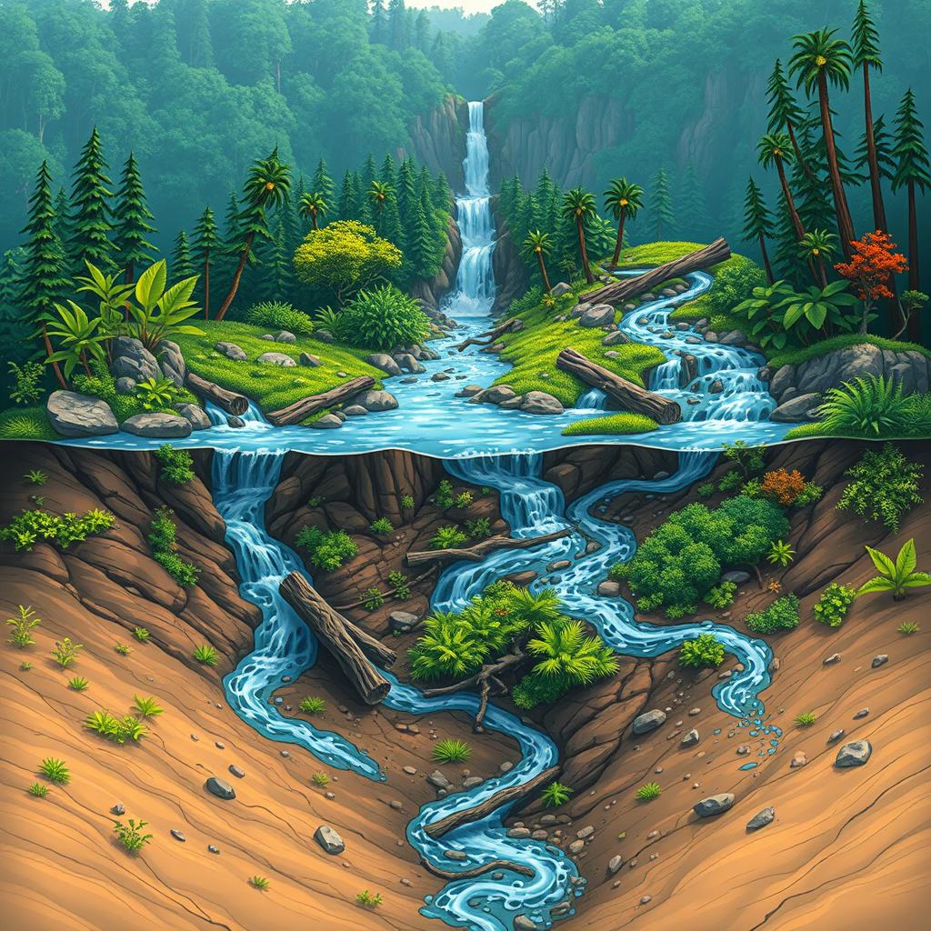 A stunning graphic illustration depicting a distant waterfall in the background, where water originates and flows down a highly twisted and serpentine path