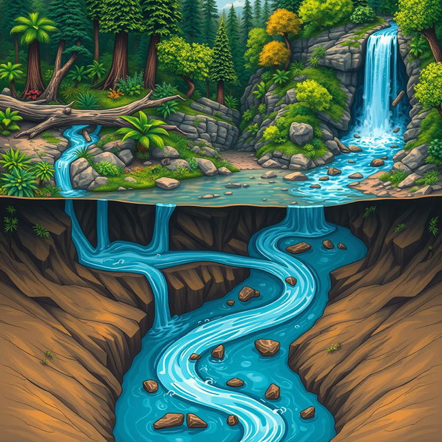 A stunning graphic illustration depicting a distant waterfall in the background, where water originates and flows down a highly twisted and serpentine path