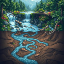 A stunning graphic illustration depicting a distant waterfall in the background, where water originates and flows down a highly twisted and serpentine path