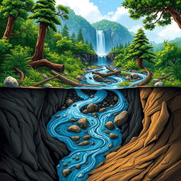 A stunning graphic illustration depicting a distant waterfall in the background, where water originates and flows down a highly twisted and serpentine path