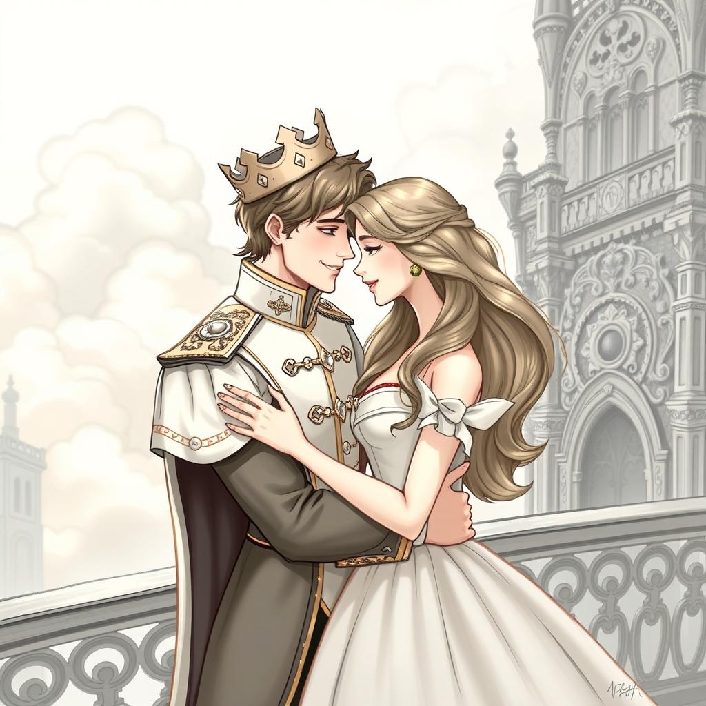 A realistic drawing of a prince and princess in a romantic embrace on a balcony