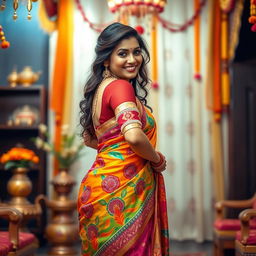 A stunning Indian woman wearing a beautifully draped colorful saree, showcasing intricate patterns and rich fabric