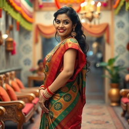 A stunning Indian woman wearing a beautifully draped colorful saree, showcasing intricate patterns and rich fabric