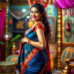 A stunning Indian woman wearing a beautifully draped colorful saree, showcasing intricate patterns and rich fabric