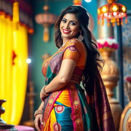 A stunning Indian woman wearing a beautifully draped colorful saree, showcasing intricate patterns and rich fabric