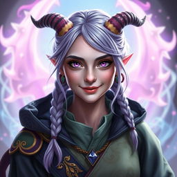 A full-body portrait of an 18-year-old female tiefling sorcerer with pink skin and striking purple eyes