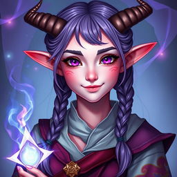 A full-body portrait of an 18-year-old female tiefling sorcerer with pink skin and striking purple eyes