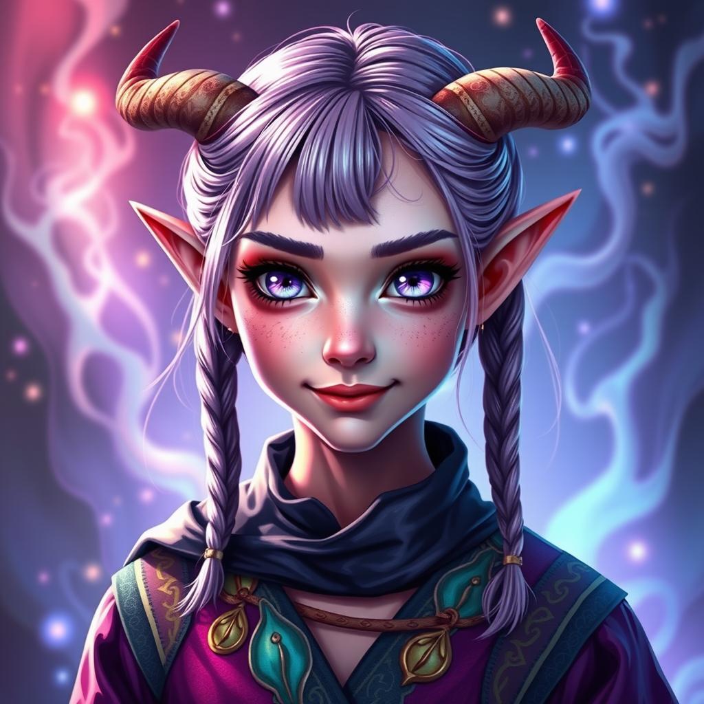 A full-body portrait of an 18-year-old female tiefling sorcerer with pink skin and striking purple eyes