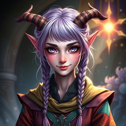 A full-body portrait of an 18-year-old female tiefling sorcerer with pink skin and striking purple eyes