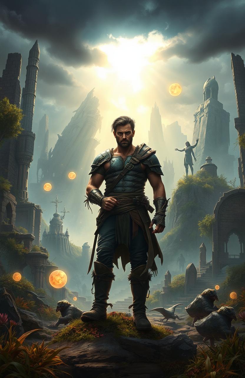 A lone man standing defiantly in a magical dystopian world, surrounded by towering ruins and overgrown vegetation