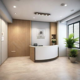 A revised version of the 100sqm travel agency reception area, now optimized to comfortably accommodate 5 persons in the reception, featuring efficient layout and convenient workspace.