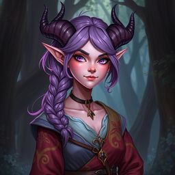 A full-body fantasy art illustration featuring an 18-year-old female tiefling with pink skin and purple eyes