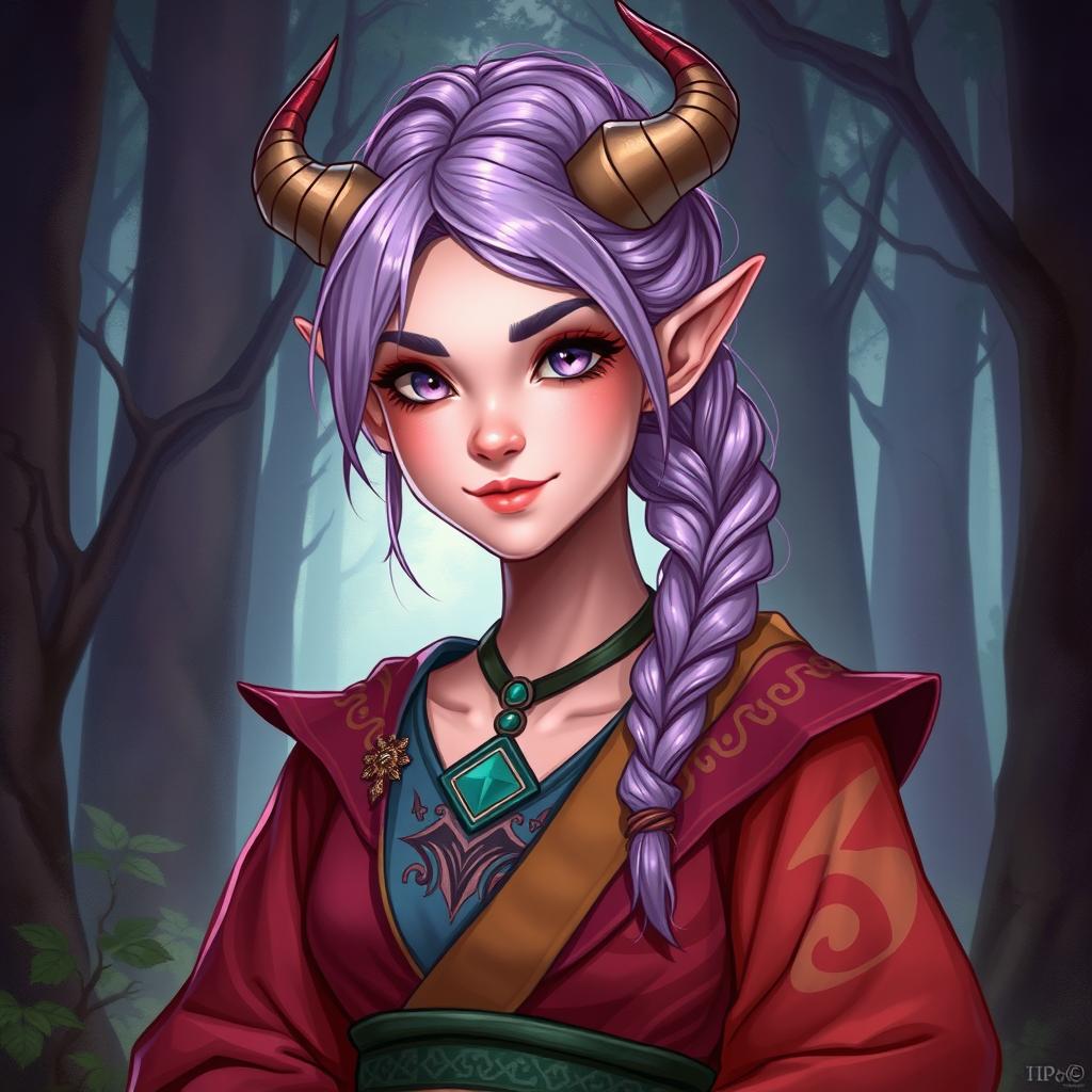 A full-body fantasy art illustration featuring an 18-year-old female tiefling with pink skin and purple eyes