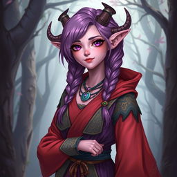 A full-body fantasy art illustration featuring an 18-year-old female tiefling with pink skin and purple eyes