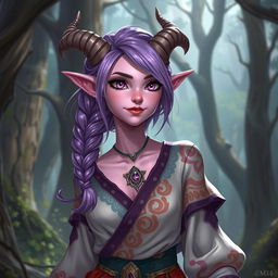 A full-body fantasy art illustration featuring an 18-year-old female tiefling with pink skin and purple eyes
