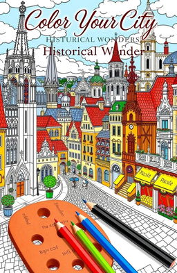 An artistic coloring book cover featuring a vibrant cityscape filled with intricate historical buildings