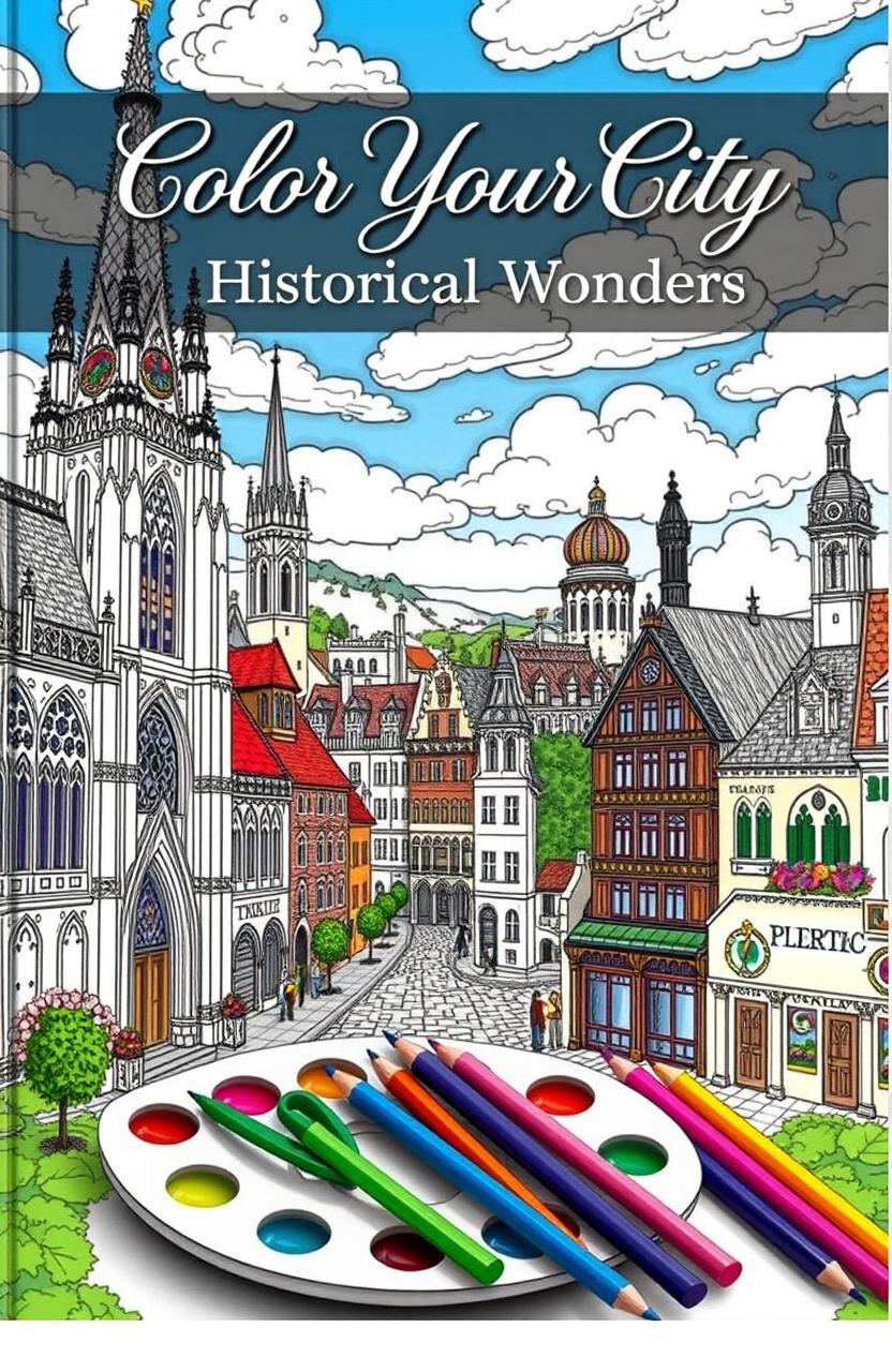 An artistic coloring book cover featuring a vibrant cityscape filled with intricate historical buildings