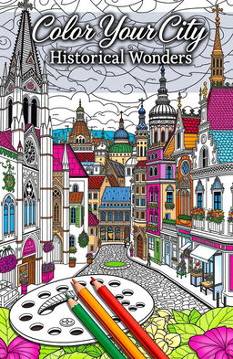 An artistic coloring book cover featuring a vibrant cityscape filled with intricate historical buildings