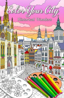 An artistic coloring book cover featuring a vibrant cityscape filled with intricate historical buildings