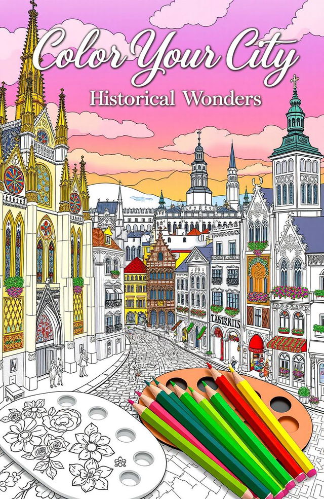 An artistic coloring book cover featuring a vibrant cityscape filled with intricate historical buildings