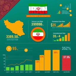 An informative infographic depicting the economic growth of Iran, showcasing key economic indicators such as GDP growth rate, inflation rate, and unemployment rate over the last decade