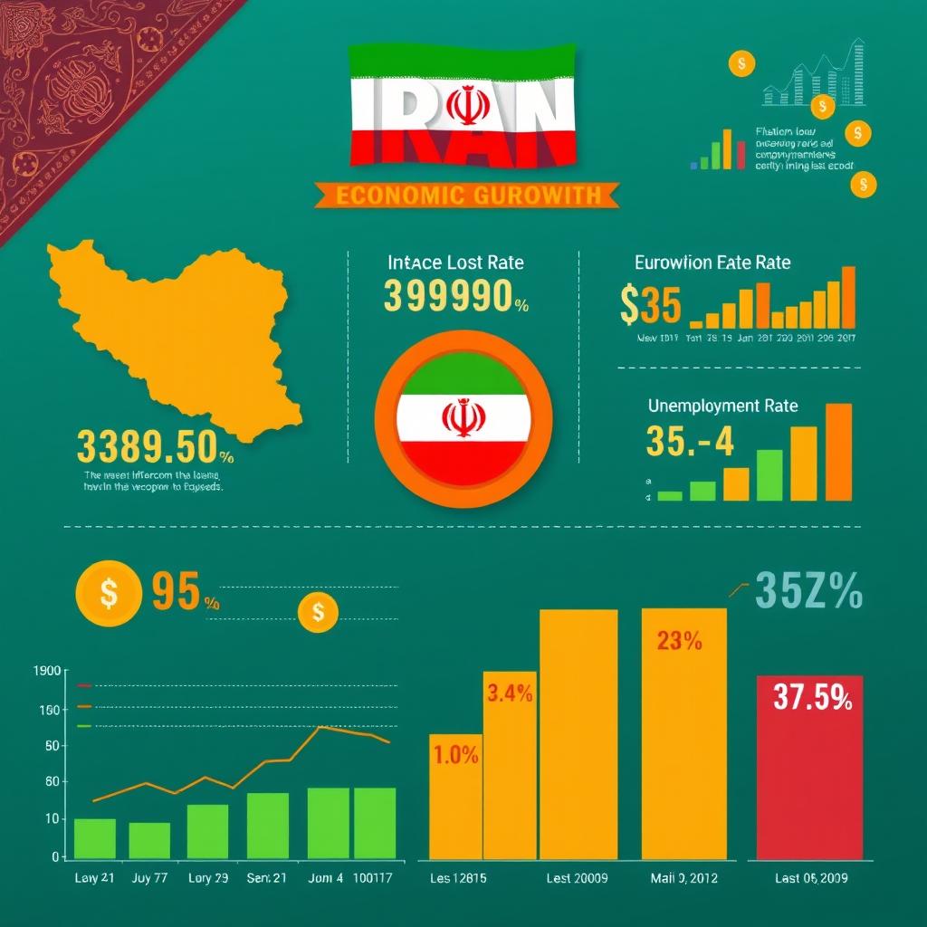 An informative infographic depicting the economic growth of Iran, showcasing key economic indicators such as GDP growth rate, inflation rate, and unemployment rate over the last decade