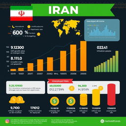 An informative infographic depicting the economic growth of Iran, showcasing key economic indicators such as GDP growth rate, inflation rate, and unemployment rate over the last decade