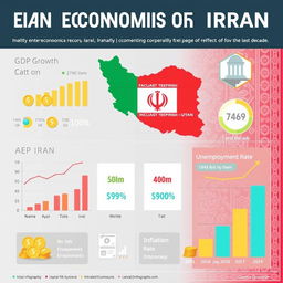 An informative infographic depicting the economic growth of Iran, showcasing key economic indicators such as GDP growth rate, inflation rate, and unemployment rate over the last decade