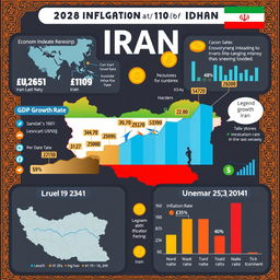 An informative infographic depicting the economic growth of Iran, showcasing key economic indicators such as GDP growth rate, inflation rate, and unemployment rate over the last decade